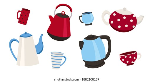 Flat vector set of tea kettles. Collection of teapots and cups isolated on white background. Kitchen utensils. Home appliance for boiling water. Hot drink. Vector illustration, EPS 10.