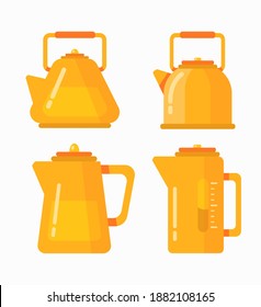 Flat vector set of tea kettles. Collection of teapots and kettles isolated on white background. Kitchen utensils. Home appliance for boiling water. Hot drink. Vector illustration, EPS 10.