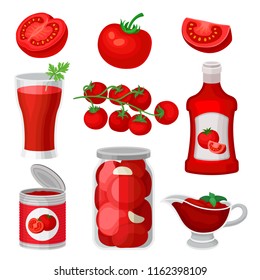 Flat vector set of tomato food and drinks. Healthy juice, ketchup and sauce, canned products. Natural and tasty products