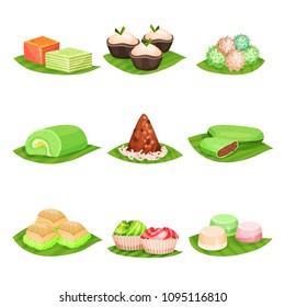 Flat vector set of traditional Indonesian sweets. Delicious desserts. Oriental food. Design for menu, poster or recipe book