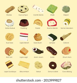 Flat Vector Set of Traditional Indonesian Desserts and Snacks. Risol, Kue Lumpur, Wajik, Klepon, Ketan, Pastel, Kue Ku, Semar Mendem, Lapis Legit, Surabaya, Bika Ambon, Getuk. French Dessert. Eclair.