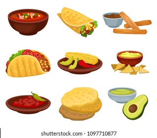 Flat vector set of traditional Mexican food. Bowl of spicy soup, burrito, flour tortillas, guacamole, churros with chocolate sauce