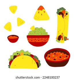 Flat vector set of traditional Mexican food, dishes, cuisine. National street fast food. Taco, burrito, nachos, guacamole, salsa, chili con carne