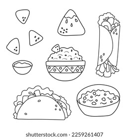 Flat vector set of traditional Mexican food, dishes, cuisine. National street fast food. Taco, burrito, nachos, guacamole, salsa, chili con carne