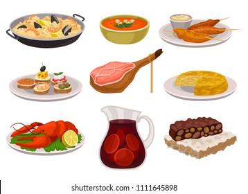 Flat vector set of traditional Spanish food and drink. Paella, refreshing gazpacho soup, grilled chicken with sauce, sangria in glass jar