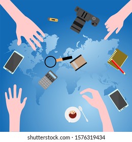 Flat vector  set of travel on the , vacation theme, planning. Preparing for journey. Objects on world map background. View from top. 
