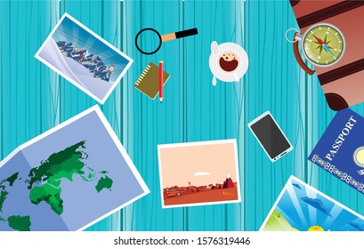 Flat vector  set of travel on the , vacation theme, planning. Preparing for journey. Objects on wooden background. View from top. 
