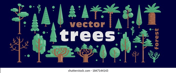 Flat vector set of trees. Palm, baobab, spruce and deciduous trees. Big set.