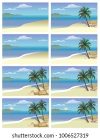 Flat vector set tropical island with sea and palm trees. A set of colored species with palm trees and sea