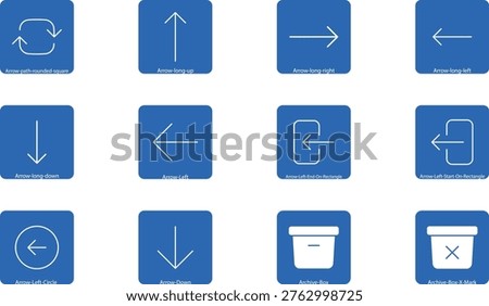 A flat vector set of twelve minimalist blue navigation icons featuring various arrows, archive boxes, and interface symbols, isolated on a white background for web and app design.