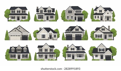 Flat vector set of twelve modern suburban residential houses featuring various architectural styles, neutral color palettes, gabled roofs, garages, and landscaped greenery on a white background.