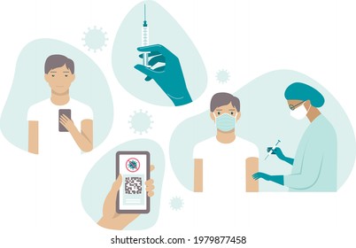 Flat vector set for vaccination against covid-19. Immunity passport. Safe travel due coronavirus outbreak. Valid digital  certificate with qr code. Young man gets his vaccine shot