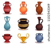 Flat vector set of various amphoras. Ancient Greek or Roman pottery for wine or oil. Old clay jugs with ornaments. Shiny golden cup