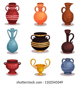 Flat vector set of various amphoras. Ancient Greek or Roman pottery for wine or oil. Old clay jugs with ornaments. Shiny golden cup