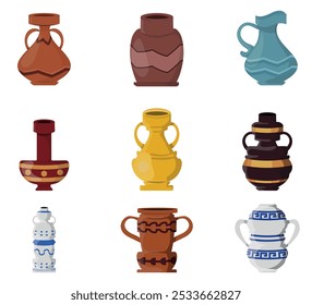 Conjunto de vetor plano de várias ânforas. Antiga cerâmica grega ou romana para vinho ou óleo. Velhos jarros de barro com ornamentos. Xícara dourada brilhante.