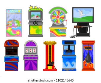 Flat vector set of various arcade machines. Boxing, claw crane, strength tester, auto simulator, wheel of Fortune, shooting game