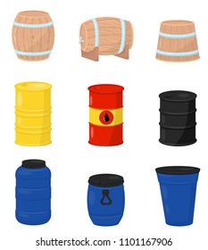 Flat vector set of various barrels. Wooden containers for beer or wine, plastic water tanks, metal drum with crude oil