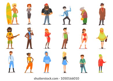 Flat vector set of various cartoon people characters with different lifestyles and interests. Young men and women, old lady, teenagers