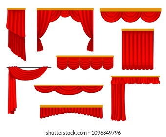 Flat Vector Set Of Various Curtains And Pelmets For Theater Or Circus Stage. Decorative Elements For Website, Promo Poster Or Flyer