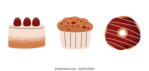 Ein flacher Vektorset verschiedener Desserts. Himbeertorte, Cupcake, Doughnut mit Beerenglasur. Einzige Illustration auf weißem Hintergrund.