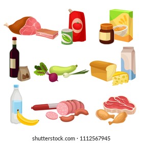 Flat vector set of various groceries. Fresh meat sausages and chicken , natural vegetables, dairy products. Healthy breakfast