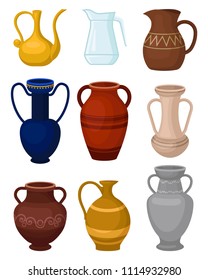 Flat vector set of various jugs. Glass pitcher for water. Antique ceramic vases. Large vessels for liquids. Decorative home elements