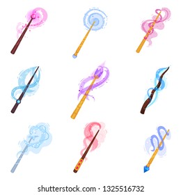 Flat Vector Set Of Various Magic Wands With Bright Sparkles. Sticks With Magical Power. Witchcraft Theme