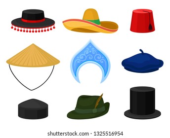 Flat vector set of various national headdress. Traditional headwear. Male and female accessories