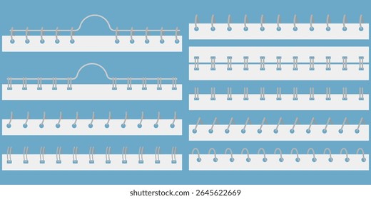 Conjunto de vetor plano de vários fios de notebook e estilos de ligação de bobina em um fundo azul. Útil para apresentações, modelos de design ou materiais educacionais.