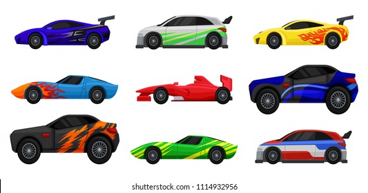 Flat vector set of various racing cars. Fast sports automobiles. Side view. Elements for advertising poster, mobile or computer game