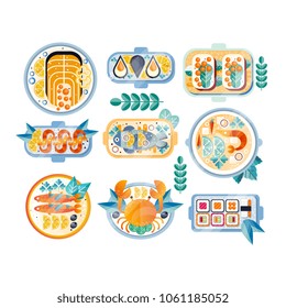 Flat vector set of various seafood dishes. Boiled crab, mussels, shrimps, salmon, tuna, sushi and sandwiches with caviar