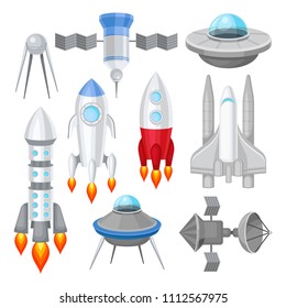 Flat vector set of various spacecrafts. Rockets with engine fire, large space shuttle, alien flying saucers and satellites. Cosmos theme