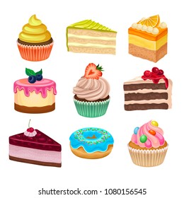 Flat vector set of various sweet desserts. Cupcakes, doughnut and cakes. Tasty baked goods. Flat vector icons
