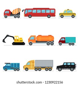 Flat vector set of various urban transport. Motor vehicles for passengers, industrial machinery and service cars