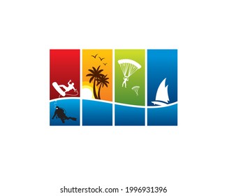  Flat vector set of various water sports at ocean and beach. Active lifestyle. Summer vacation. Outdoor 