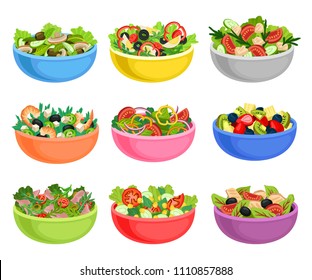 Flat vector set of vegetable and fruit salads. Appetizing dishes from fresh products. Organic and healthy food