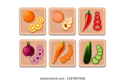 Flat vector set of vegetables and fruits with slices on wooden boards. Orange and peach, pepper, onion, carrot and cucumber