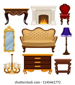 Flat vector set of vintage furniture. Antique sofa and chair, classic fireplace, table and wooden nightstand, wall mirror and lamps