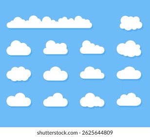 A flat vector set of white cartoon style cloud with long shadow on blue background. Ideal for UI interface, mobile, kids graphics and forecasts.
