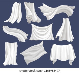 Flat Vector Set Of White Cloth. Silk Bed Sheet. Curtains Flying On The Wind. Elements For Poster Or Banner Of Textile Store