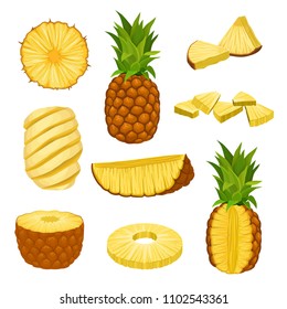 Flat vector set of whole, halves and chopped pineapples. Fresh and juicy tropical fruit. Elements for packaging design or poster