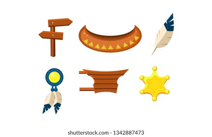 Flat vector set of wild west elements. Sheriff badge, wooden sign and board, feather, Indian canoe