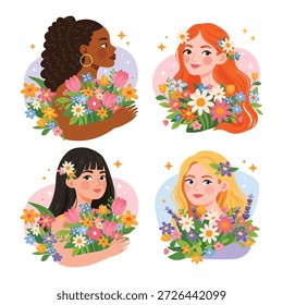 Conjunto de Vector plano de mujeres con flores para el Día Internacional de la Mujer. Ilustración de primavera que celebra la feminidad, la diversidad y la belleza. Perfecto para tarjetas de felicitación, carteles, redes sociales e impresiones  