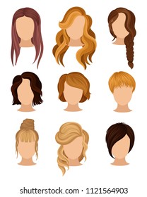 Flat Vector Set Of Women S Heads With Various Trendy Hairstyles. Long And Short Haircuts. Elements For Poster Of Hairdressing Salon