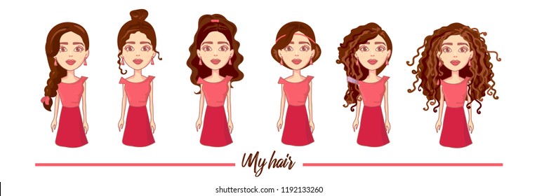 Flat vector set. women with various trendy hairstyles. Elements for poster of hairdressing salon.Beautiful hairstyle brown long hair of female. trendy haircut. vector. isolated on white background