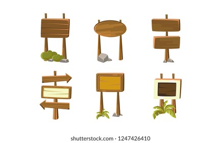 Flat vector set of wooden signboards and direction arrows. elements for mobile or computer game