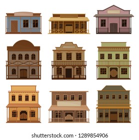 Flat vector set of wooden western houses. Old saloons with swinging doors and blank signboards. Historical buildings