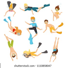 Flat vector set of young divers. People in swimsuits swimming underwater. Active recreation. Scuba diving and snorkeling