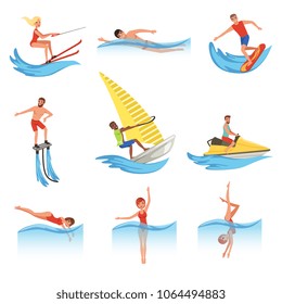 Flat vector set with young men and women involved in various water sports. Active lifestyle. Summer vacation. Outdoor recreation