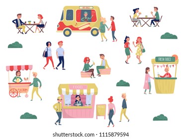 Flat vector set of young people and street fast food. Coffee break and lunch time. Ice-cream cart, hot-dog truck, stall with fresh juice